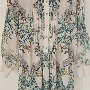 Anthropologie Maeve Blush Pink Printed Blouse with Teal & Brown Accents